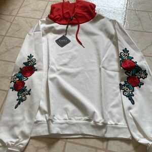 Mens White Hoodie with Red and Blue Flowers